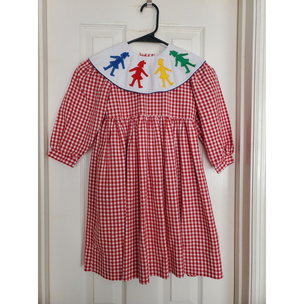 Vtg Ashton Connor Cotton Dress Red‎ Gingham Paper Doll Applique USA Sz S